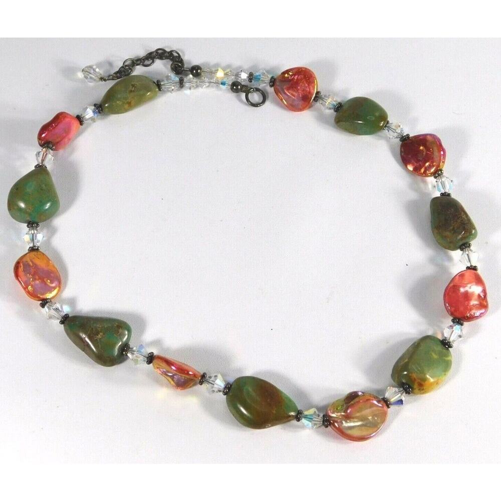 Necklace tumbled polished Green Agate Pink stones faceted glass beads costume